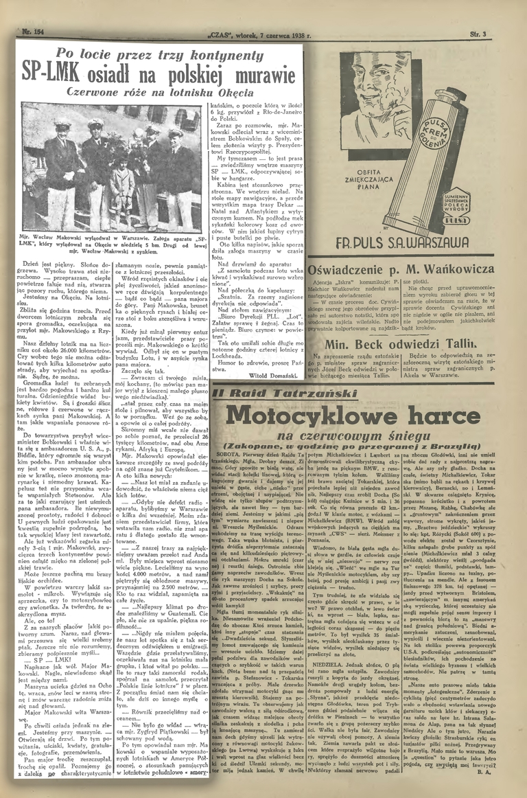 Czasopismo - Czas, wtorek, 7 czerwca 1938 roku.