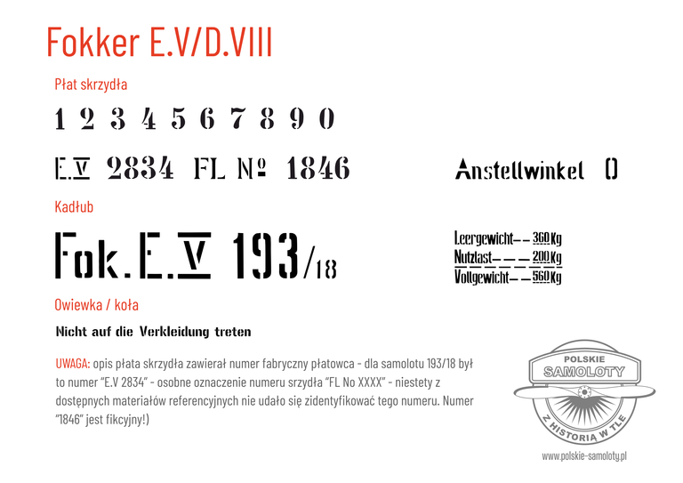 Fokker E.V/D.VIII - Opracowanie liternictwa dla płatowca 2834, 193/18